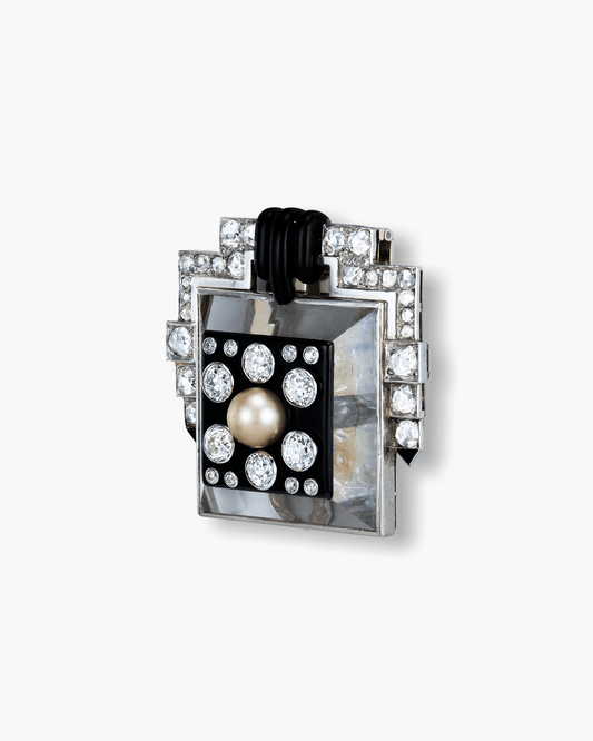 Art Deco Rock Crystal, Pearl, Onyx, Lacquer and Diamond Pyramid Geometric Design Clip by Suzanne Belperron