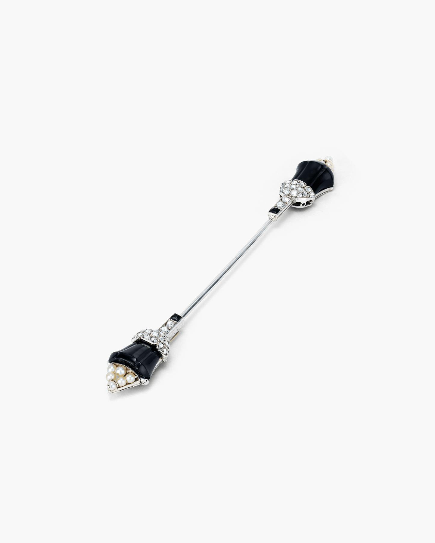 Art Deco Diamond, Pearl and Onyx à Cliquet Jabot Pin by Cartier