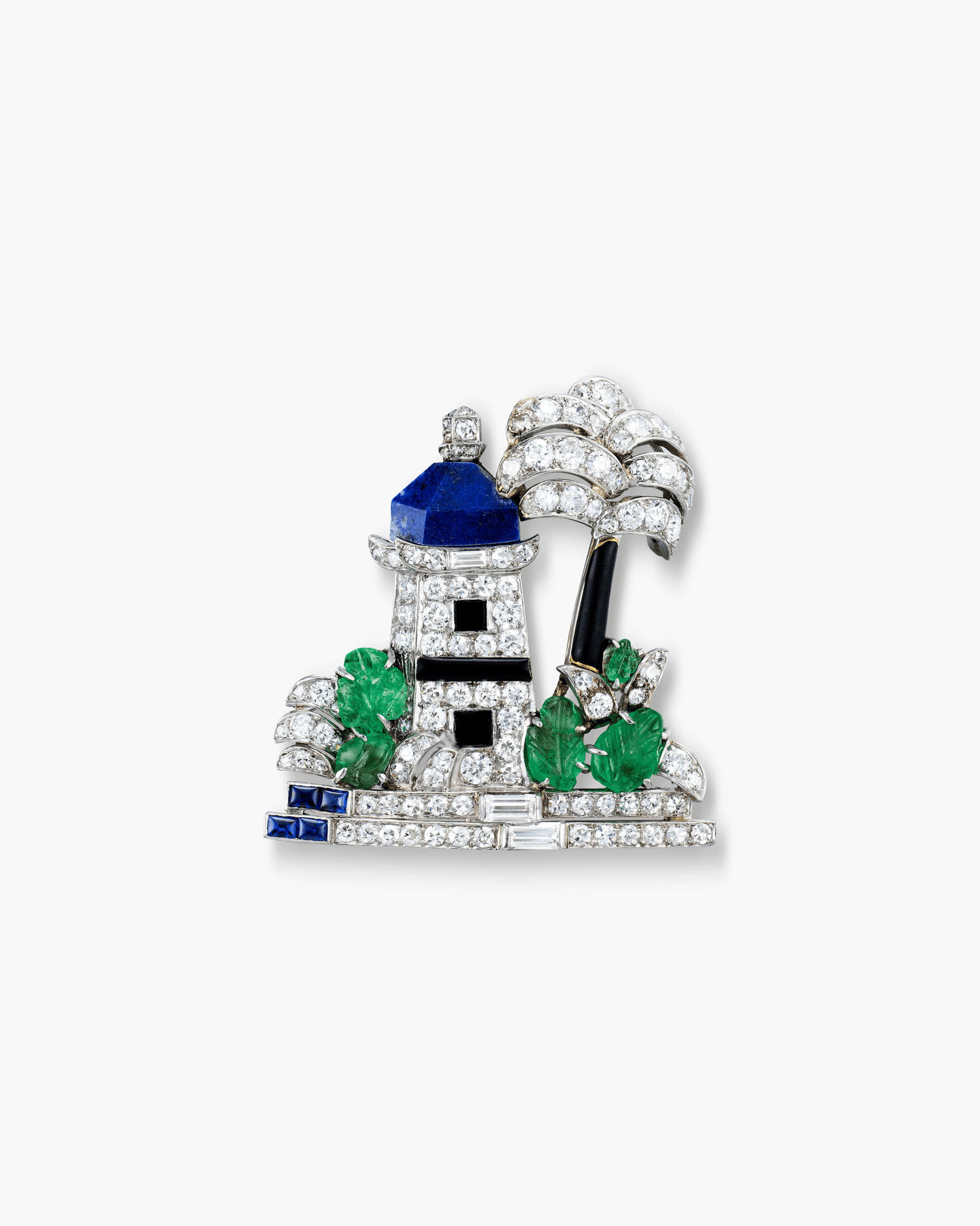Art Deco Diamond, Sapphire, Emerald, Lapis Lazuli, Onyx and Enamel Mosque Brooch by Mauboussin