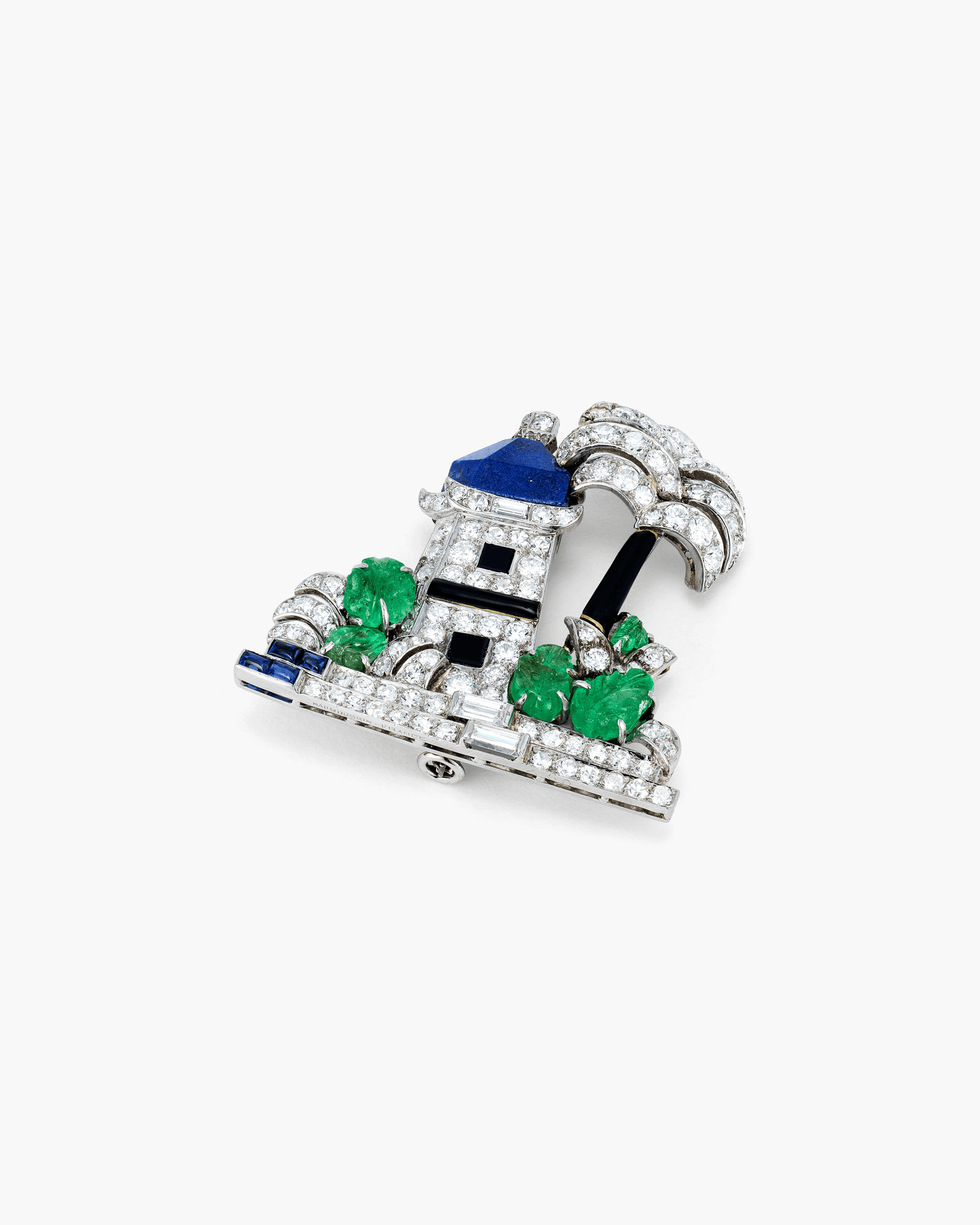 Art Deco Diamond, Sapphire, Emerald, Lapis Lazuli, Onyx and Enamel Mosque Brooch by Mauboussin