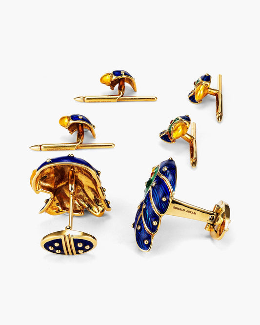 Blue Enamel Parrot Cufflinks and Stud Set