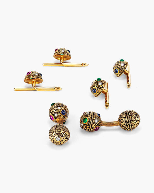Diamond, Sapphire, Ruby and Emerald Engraved Ball Cufflinks and Stud Set