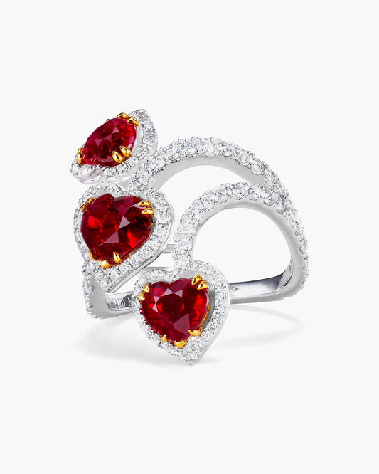 Three-Stone Heart Shape Burmese Ruby and Diamond Ring