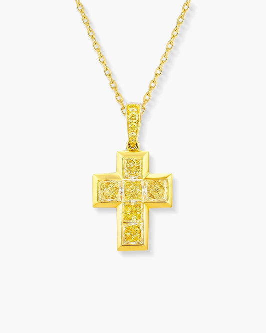 Princess Cut Yellow and White Diamond Cross Pendant Necklace, 1.77 carats