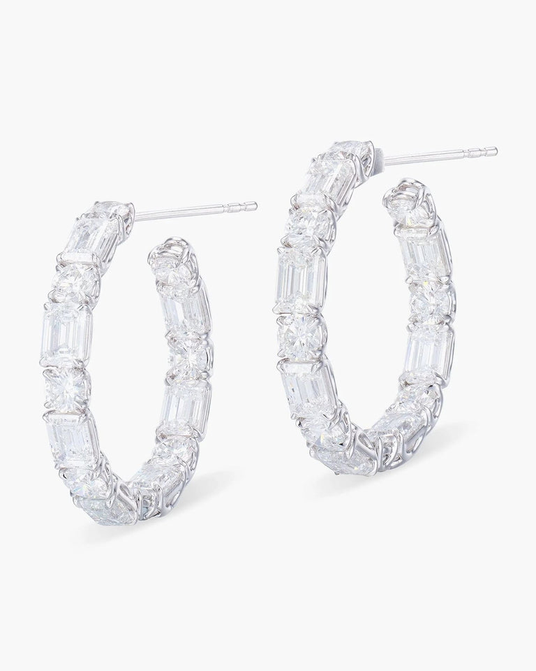 Emerald Cut & Round Brilliant Cut Diamond Hoop Earrings