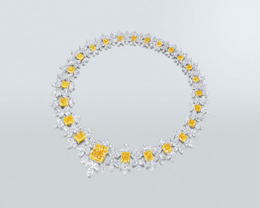 25.88 carat Radiant Cut Fancy Yellow and White Diamond Necklace