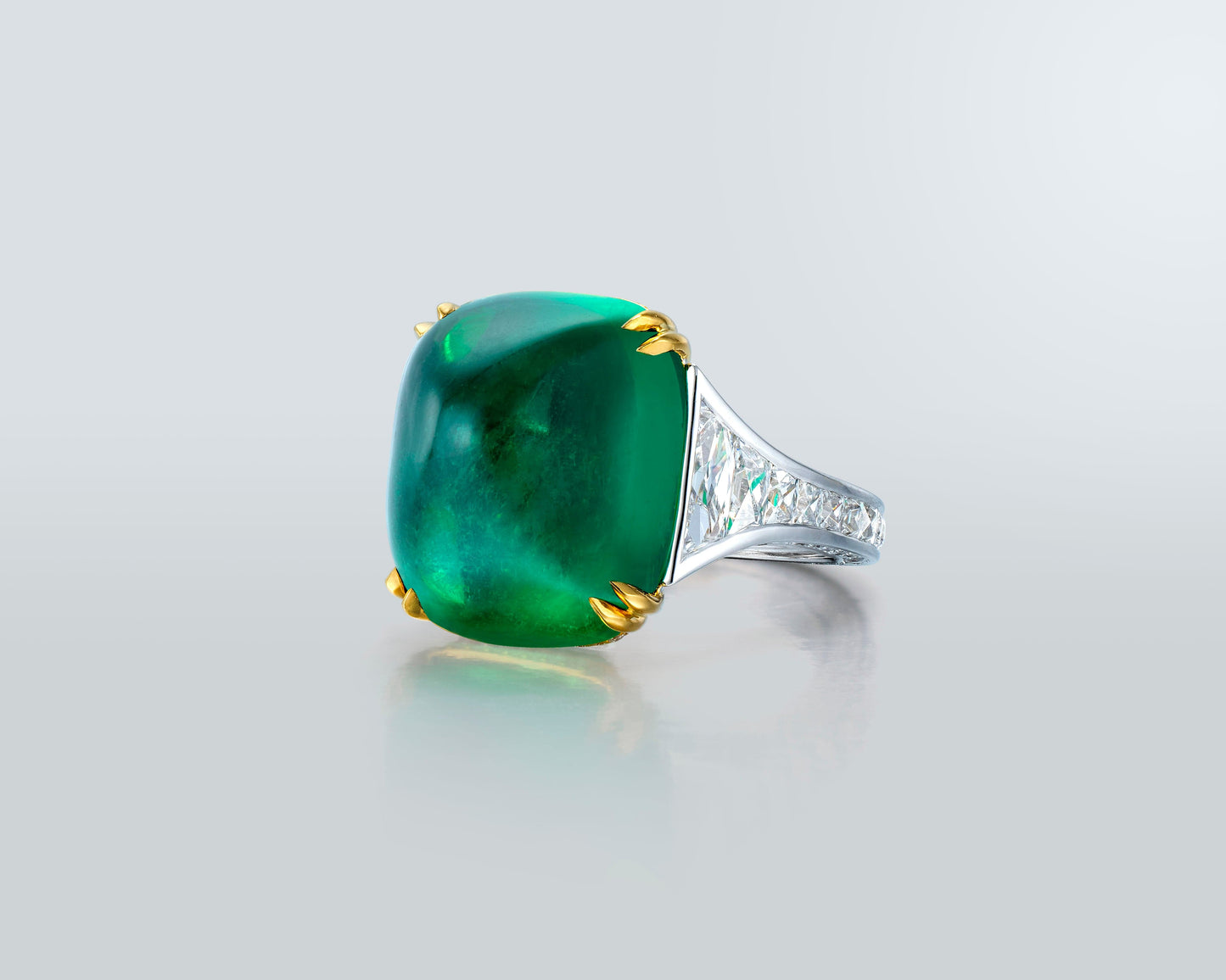 22.88 carat Sugarloaf Cabochon Colombian Emerald and Diamond Ring