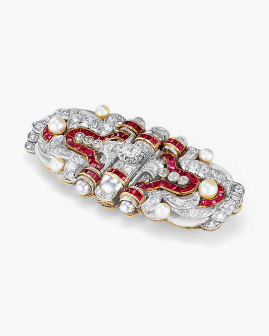 Art Deco Diamond, Pearl and Ruby Double Clip Brooch
