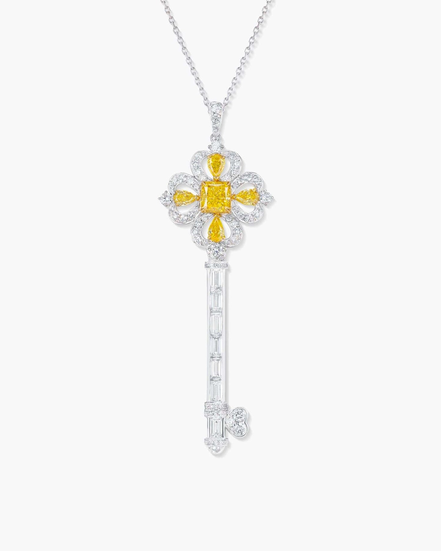 Fancy Shaped Yellow and White Diamond Key Pendant Necklace, 5.15 carats