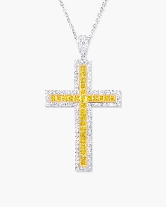 Princess Cut Yellow and White Diamond Cross Pendant Necklace, 7.39 carats