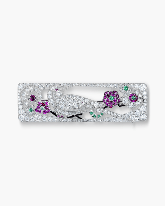 Edwardian Diamond, Ruby and Emerald Bird Brooch