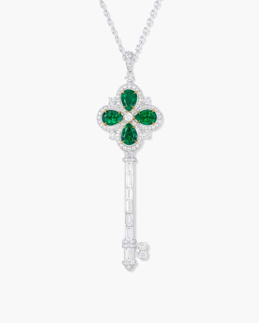 Pear Shape Emerald and Diamond Key Pendant Necklace, 6.81 carats