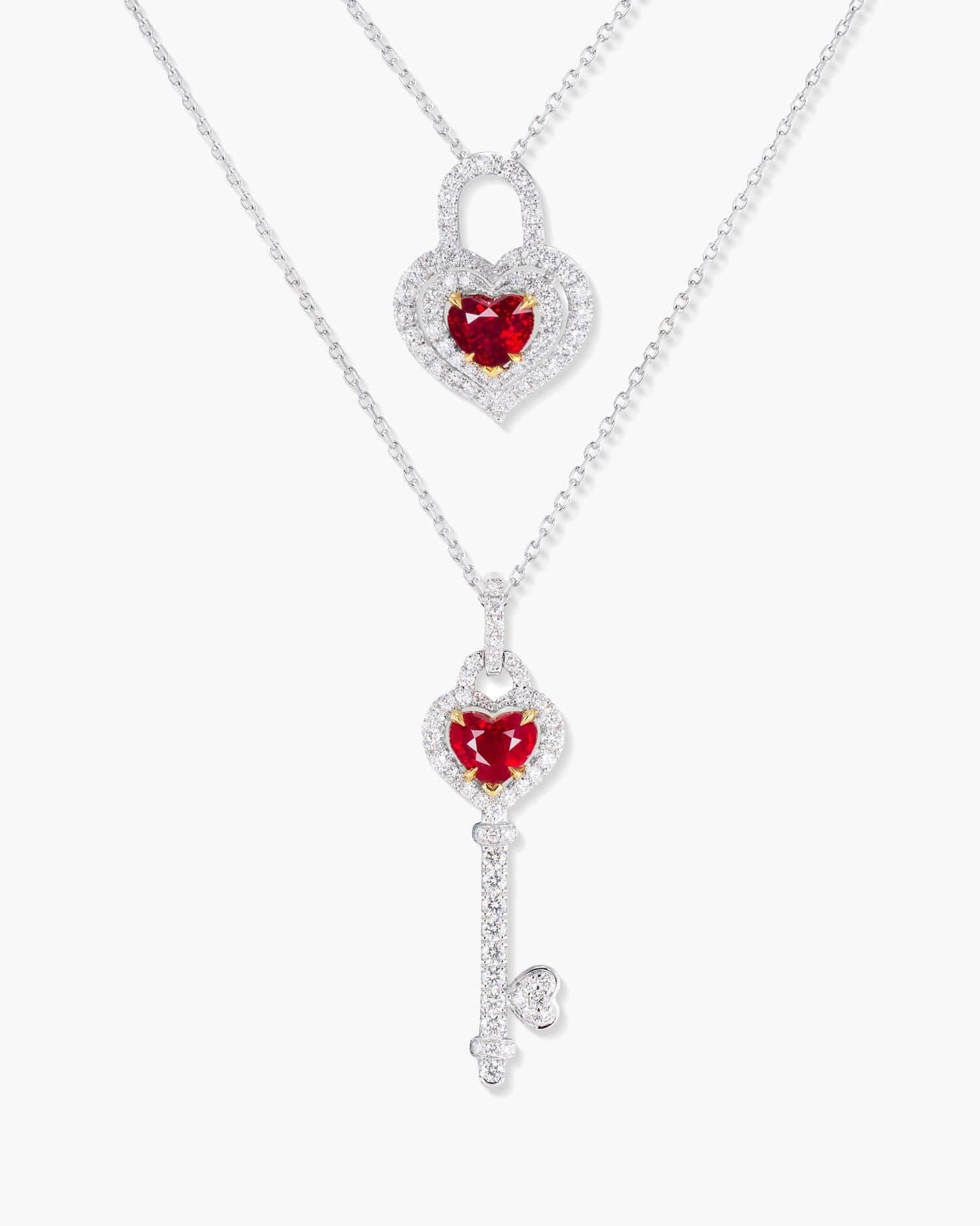 Heart Shape Burmese Ruby and Diamond Lock and Key Pendant Necklace Set, 2.96 carats