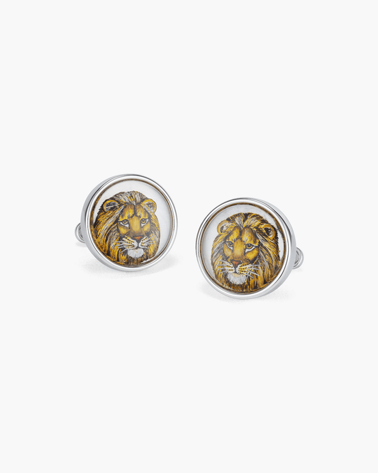 Mother of Pearl and Crystal Hand Painted Lion Cufflinks