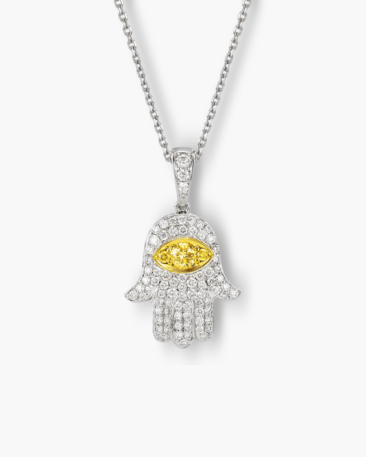 Yellow and White Diamond Hamsa Pendant Necklace, 0.71 carats