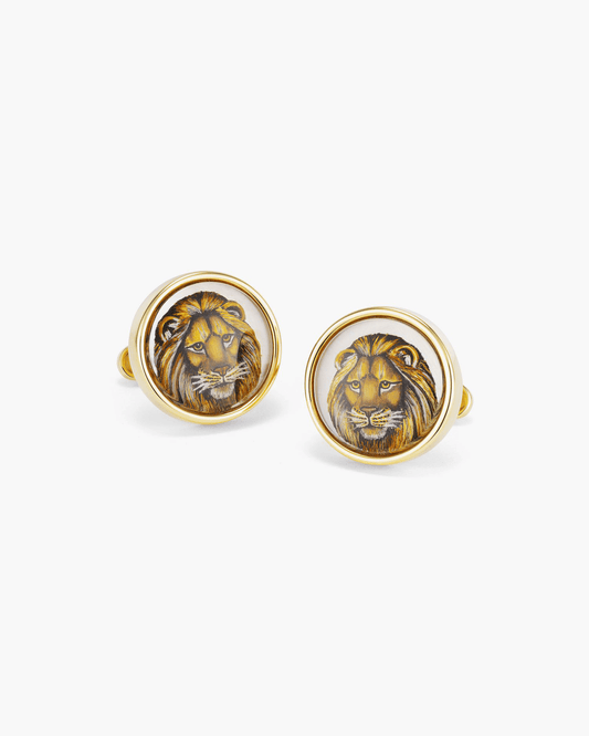 Mother of Pearl and Crystal Hand Painted Lion Cufflinks