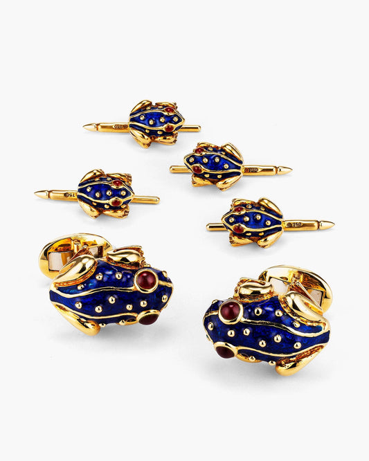 Blue Enamel and Ruby Toad Cufflinks and Stud Set