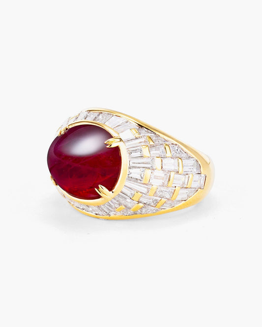 6.09 carat Cabochon Burmese Ruby and Diamond Ring