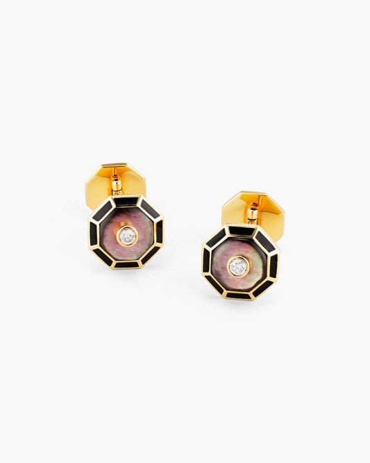 Diamond, Black Mother of Pearl and Enamel Octagonal Cufflinks