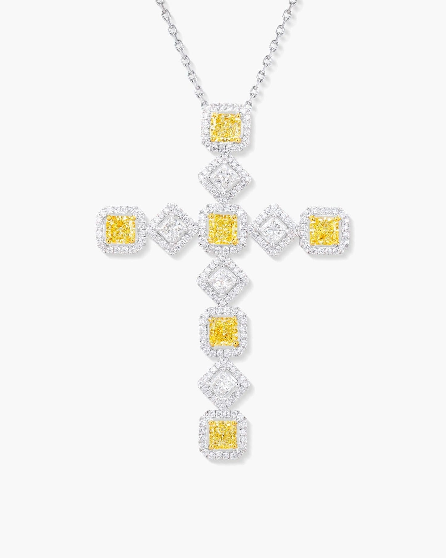 Radiant Cut Yellow and White Diamond Cross Pendant Necklace, 4.85 carats