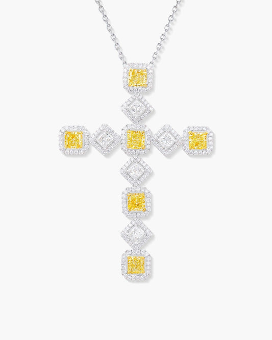 Radiant Cut Yellow and White Diamond Cross Pendant Necklace, 4.85 carats