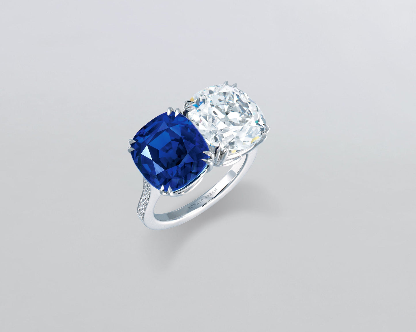 7.81 carat Cushion Cut Kashmir Sapphire and 5.63 carat Antique Cushion Cut Diamond Toi-et-Moi Ring