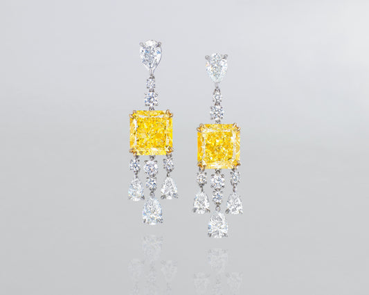 9.74 carat Radiant Cut Fancy Yellow and White Diamond Earrings